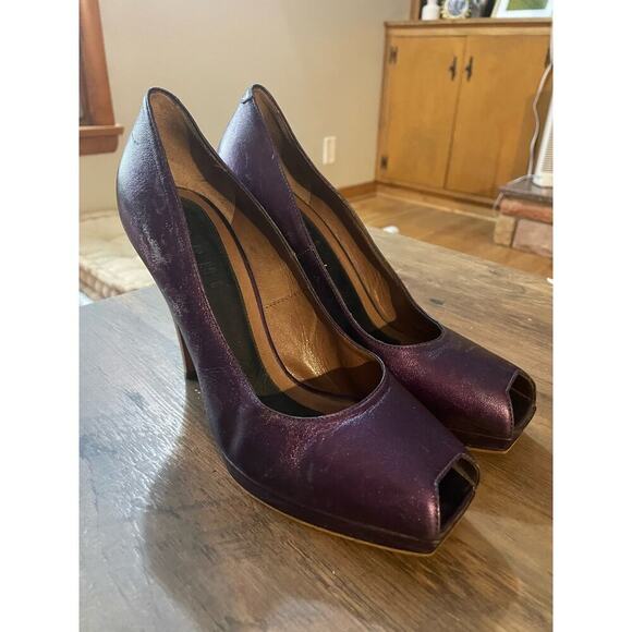 MARNI Purple Metallic Wood Heel Peep Toe Pumps - Picture 4 of 6